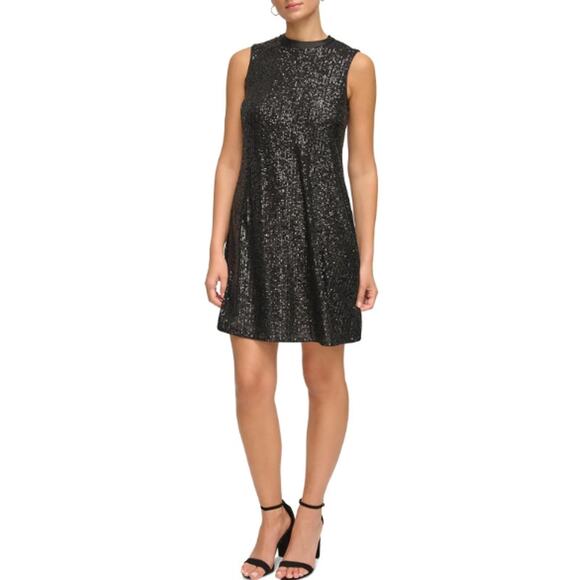 NEW Kensie Black Sequin Shift Dress Size 4 Satin Bow Tie Back Mini Cocktail LBD - Picture 1 of 11